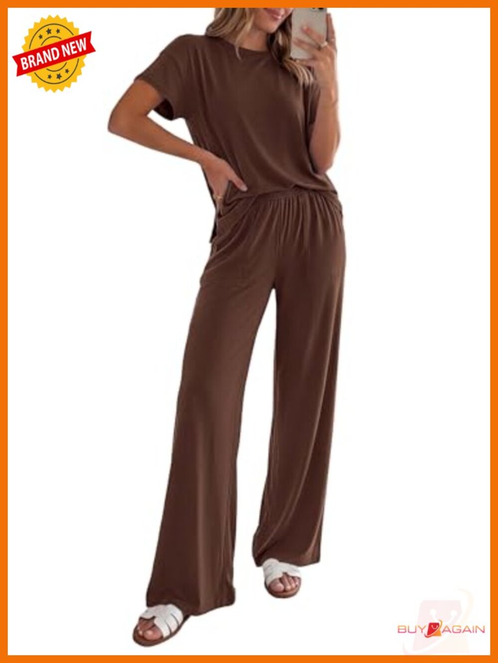 Womens 2 Piece Lounge Set Short Sleeve Wide Leg Pants Pockets